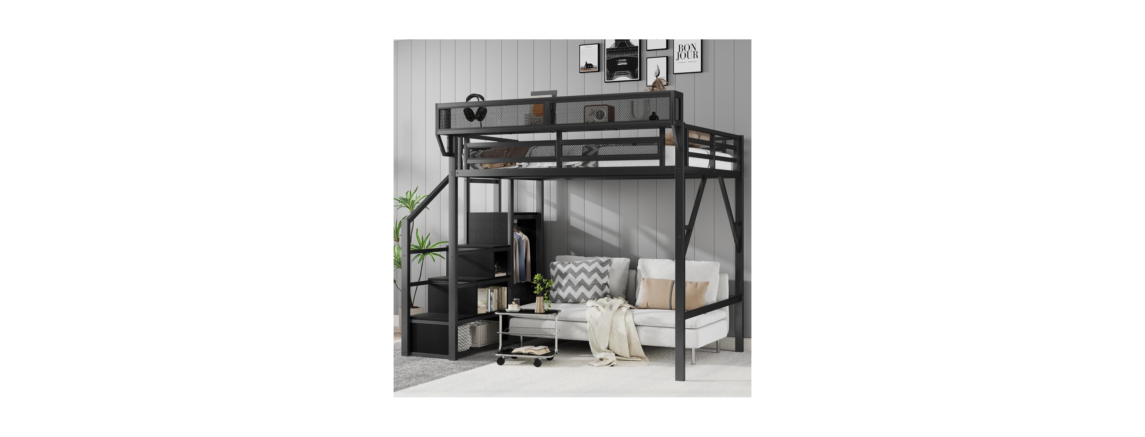Streamdale Furniture Metal Full Size Loft Bed with Stairs, Wardrobe and Shelves