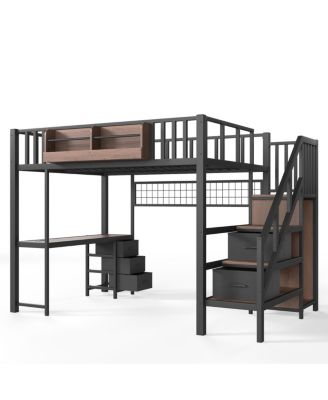  Full Size Metal Loft Bed with Desk, Drawers, and Storage Stairs