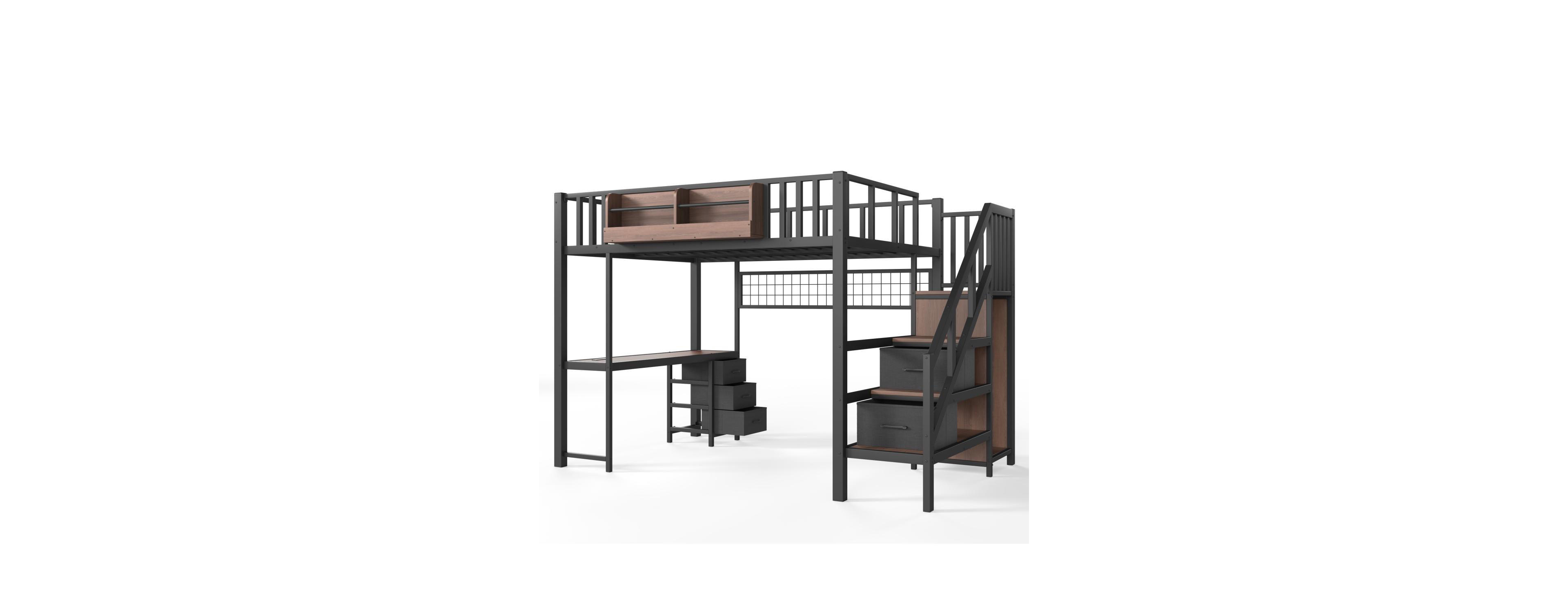 Streamdale Furniture Full Size Metal Loft Bed with Desk, Drawers, and Storage Stairs