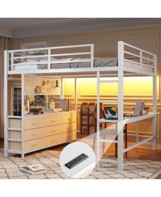 Queen Size Loft Bed with Desk, Drawers, LED, USB and Mirror