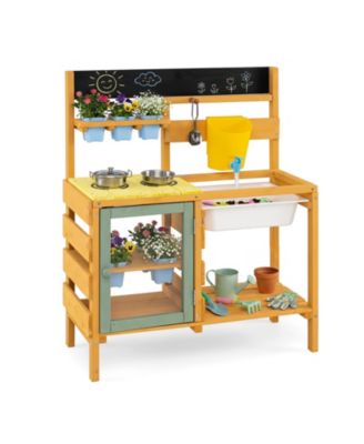 Wooden Mud Kitchen With Six Planter Pots and Working Faucet 13-Piece Playset, Ages 3+