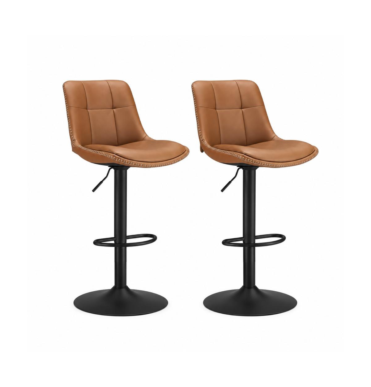 Mecale Set of 2 Swivel Bar Stools with Adjustable Height and Quilted Backrest - Caramel brown