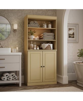 100% Solid Wood Tall Modular Bathroom Linen Cabinet with Open Shelf and Raised Panel Doors, Adjustable Shelves, 32" W x 71.5" H
