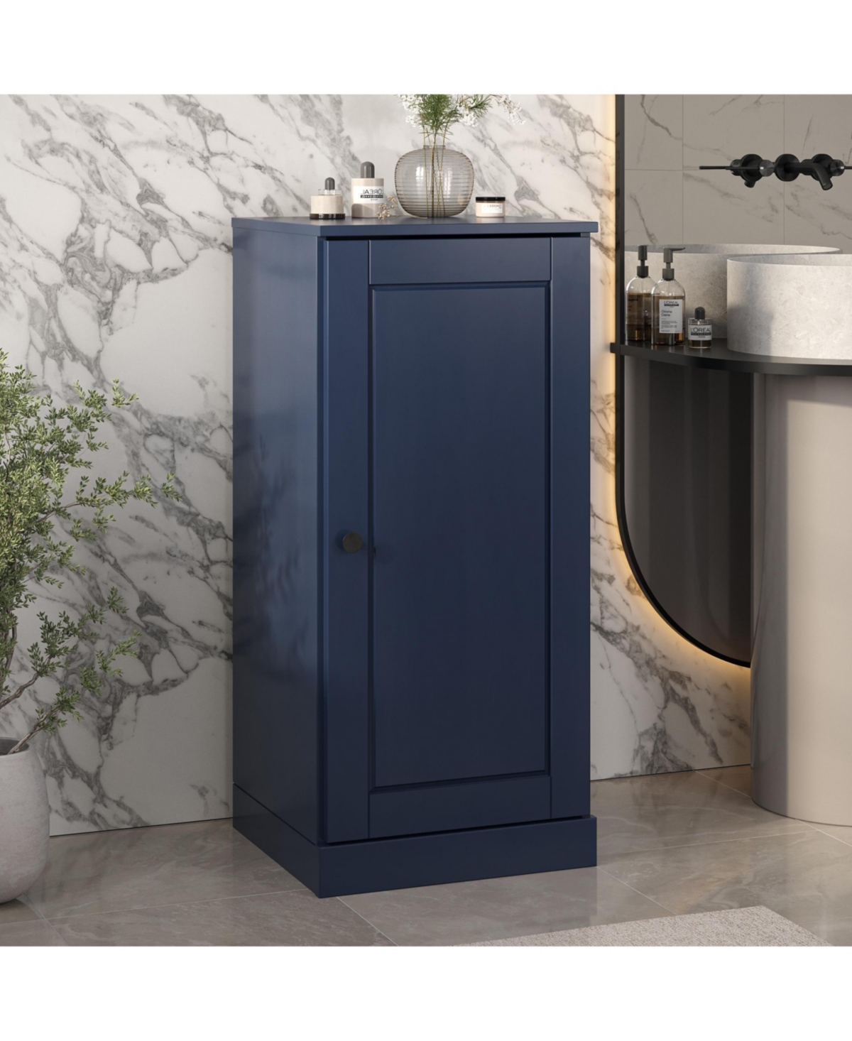 Palace Imports Solid Wood Bathroom Linen Storage Cabinet with Raised Panel Door, Adjustable Shelves - Navy blue