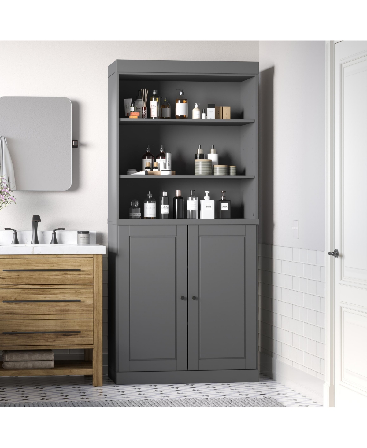 Palace Imports 100% Solid Wood Tall Modular Bathroom Linen Cabinet with Open Shelf and Raised Panel Doors, Adjustable Shelves, 32" W x 71.5" H - Gray