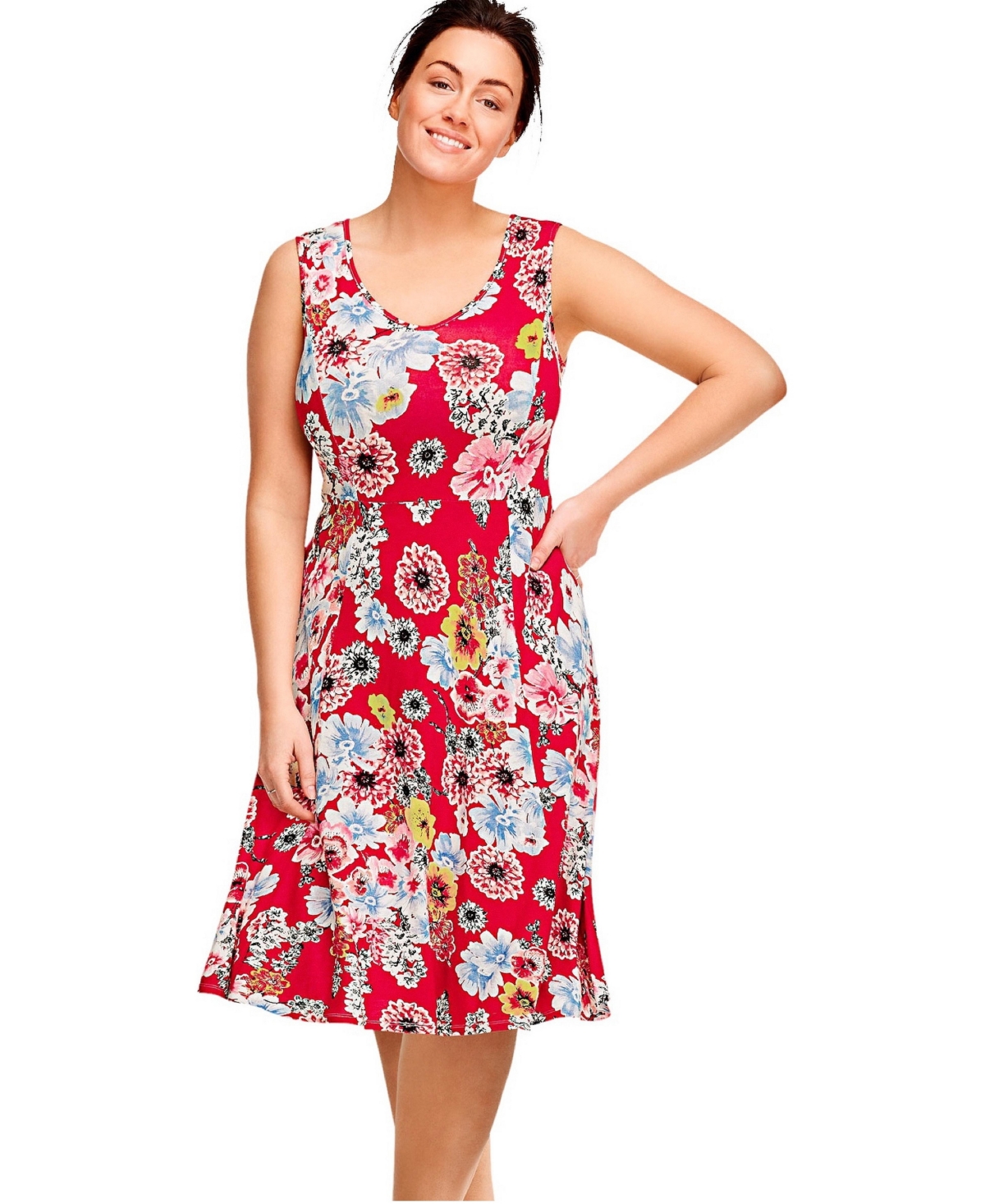 ellos Plus Size Sleeveless Scoop Neck Fit and Flare Dress - Red floral