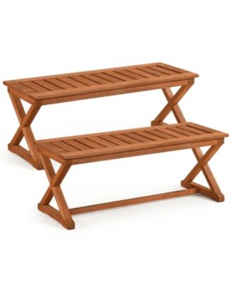 2-Person 44in Solid Wood Outdoor Bench with Slatted Seat for Patio Park Balcony 2-Piece