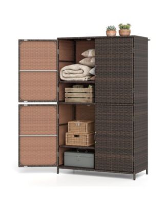 4-Door Rattan Vertical Storage Shed with Adjustable Shelves