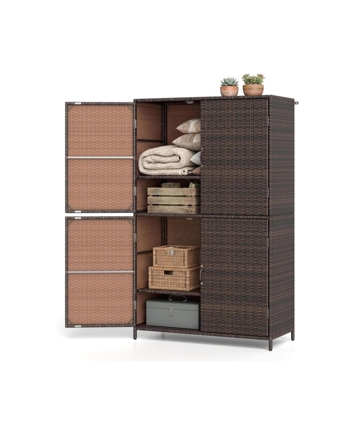 Sugift 4-Door Rattan Vertical Storage Shed with Adjustable Shelves - Medium brown