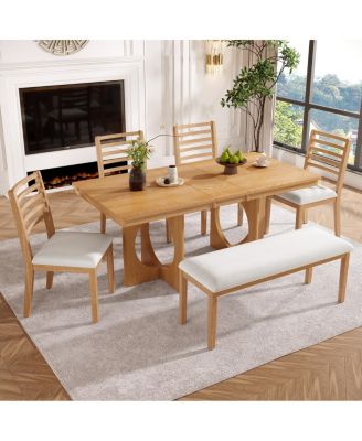 Extendable Wood Dining Table Set for 6-8 with 4 Chairs and Bench