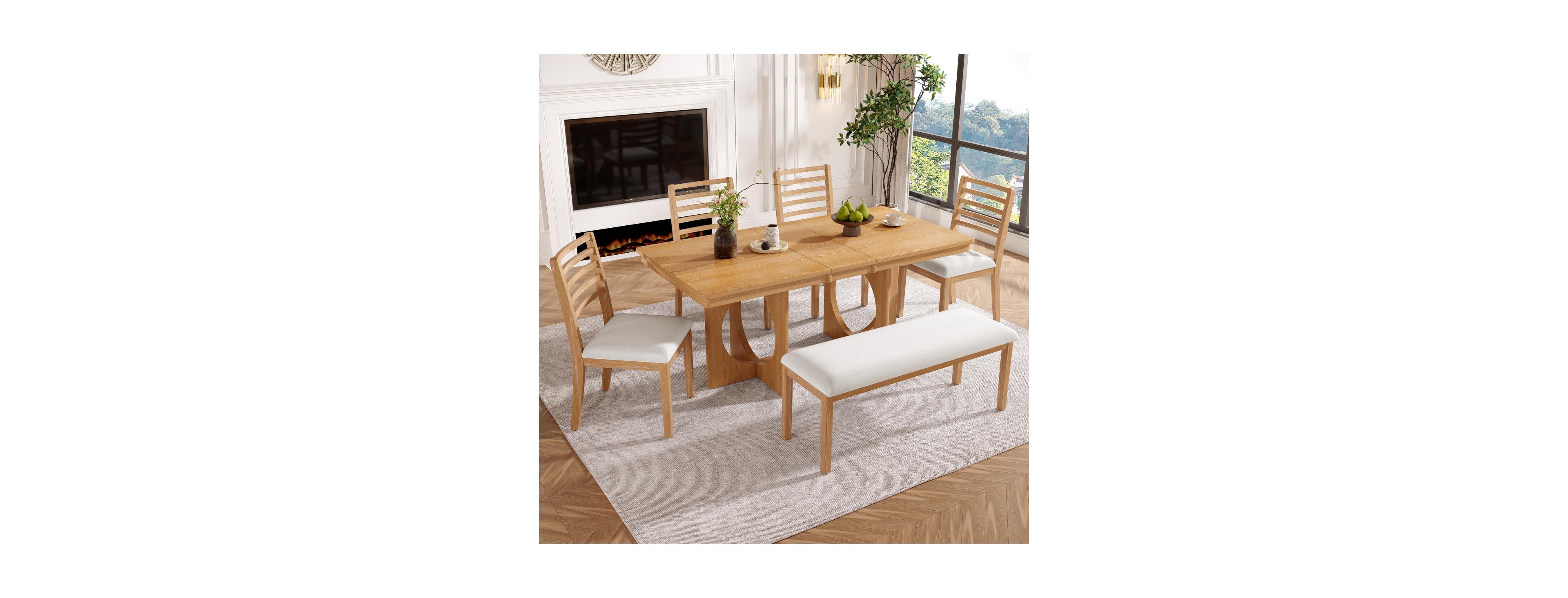 Streamdale Furniture Extendable Wood Dining Table Set for 6-8 with 4 Chairs and Bench