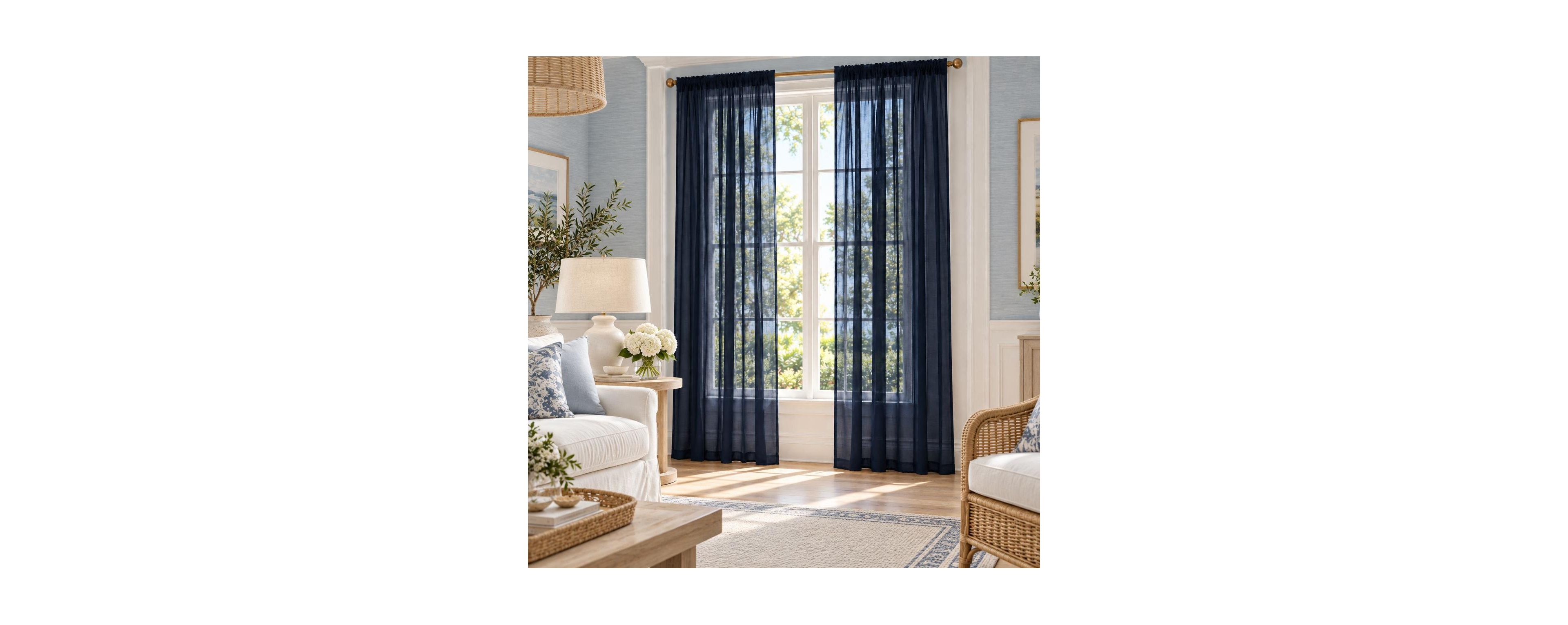 Kate Aurora Navy Blue 2 Piece Ultra Lux Rod Pocket Sheer Curtain Panels For Extra Long Windows