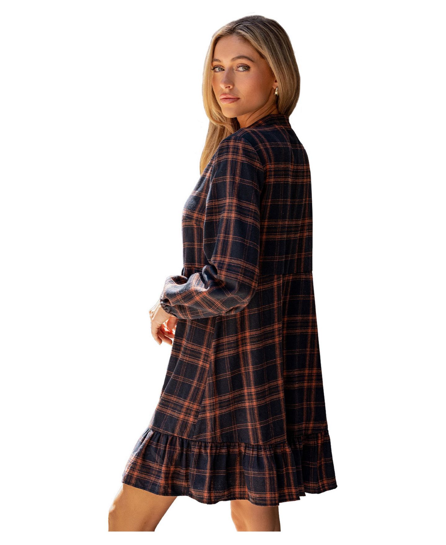Женское платье Cupshe First Edition Long-Sleeve Plaid V-Neck Mini, цвет: Тёмный синий — фото 4