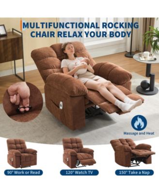 Swivel Rocking Recliner Sofa, Oversized Chenille Upholstered Single Sofa with Side Pockets, 150degree(s) Manual Recline for Adults