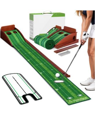 9.8ft Golf Putting Green Mat Dual Hole Automatic Ball Return Alignment Guide