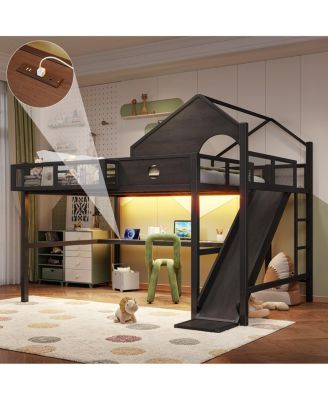  Queen Loft Bed with Slide, Desk, Storage, LED, and USB Ports