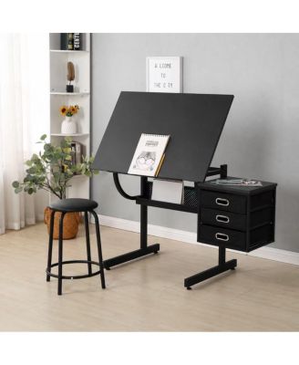 Adjustable Black Drafting Table with Stool and 3 Drawers