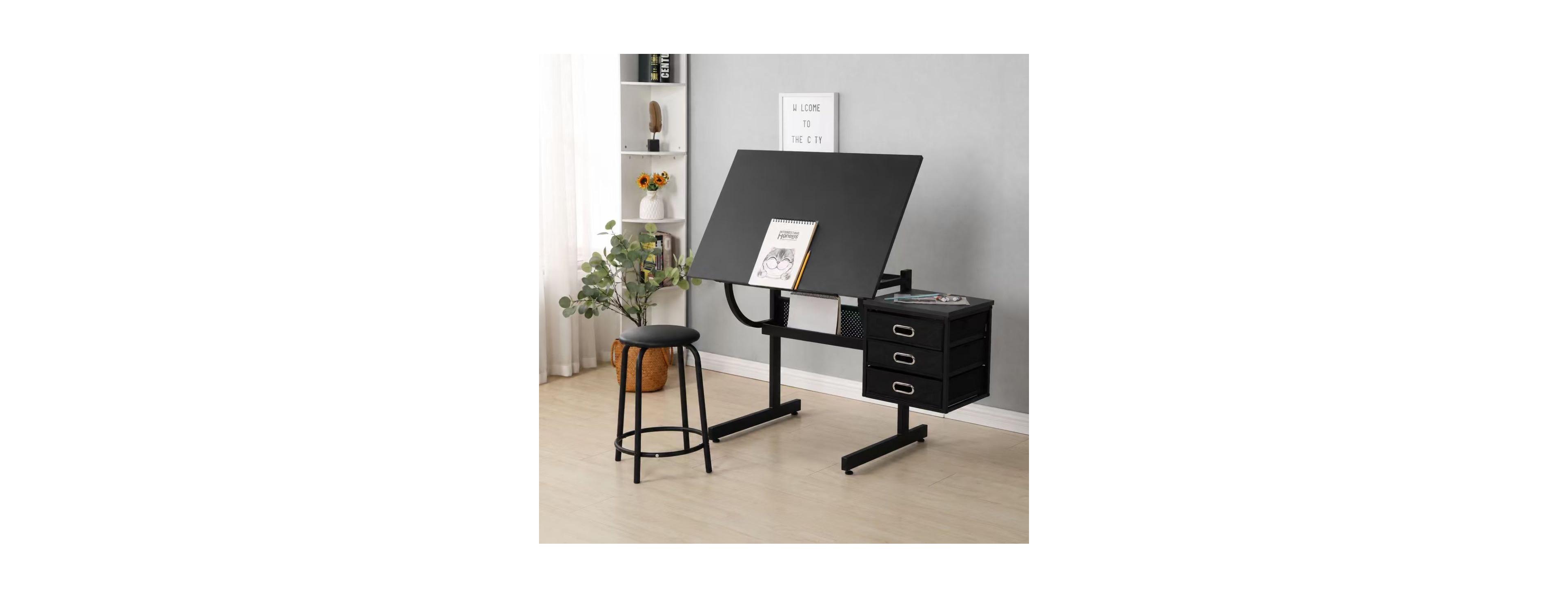 Streamdale Furniture Adjustable Black Drafting Table with Stool and 3 Drawers