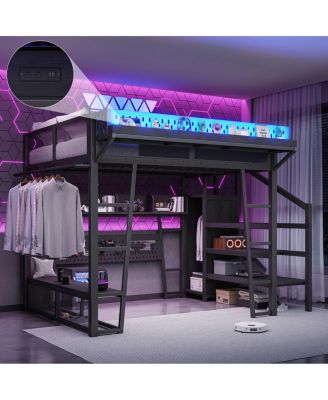  Full Gaming Loft Bed with Wardrobe, LED, USB and Storage Stairs