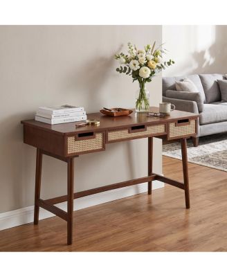 51" Rattan Wooden Writing Desk with 3 Drawers and Anti-Tipping Design
