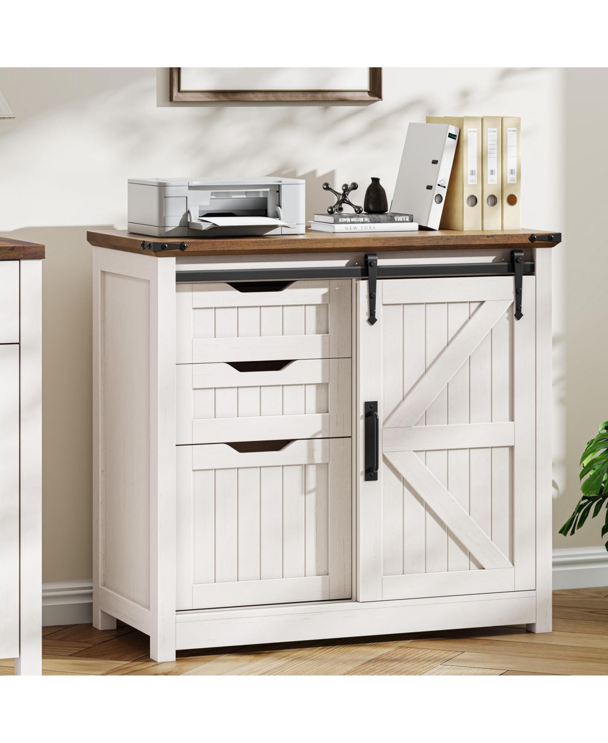 Vabches Farmhouse 3-Drawer 31.50-in Lateral File Cabinet with Barn Door and Printer Shelf - White and brown