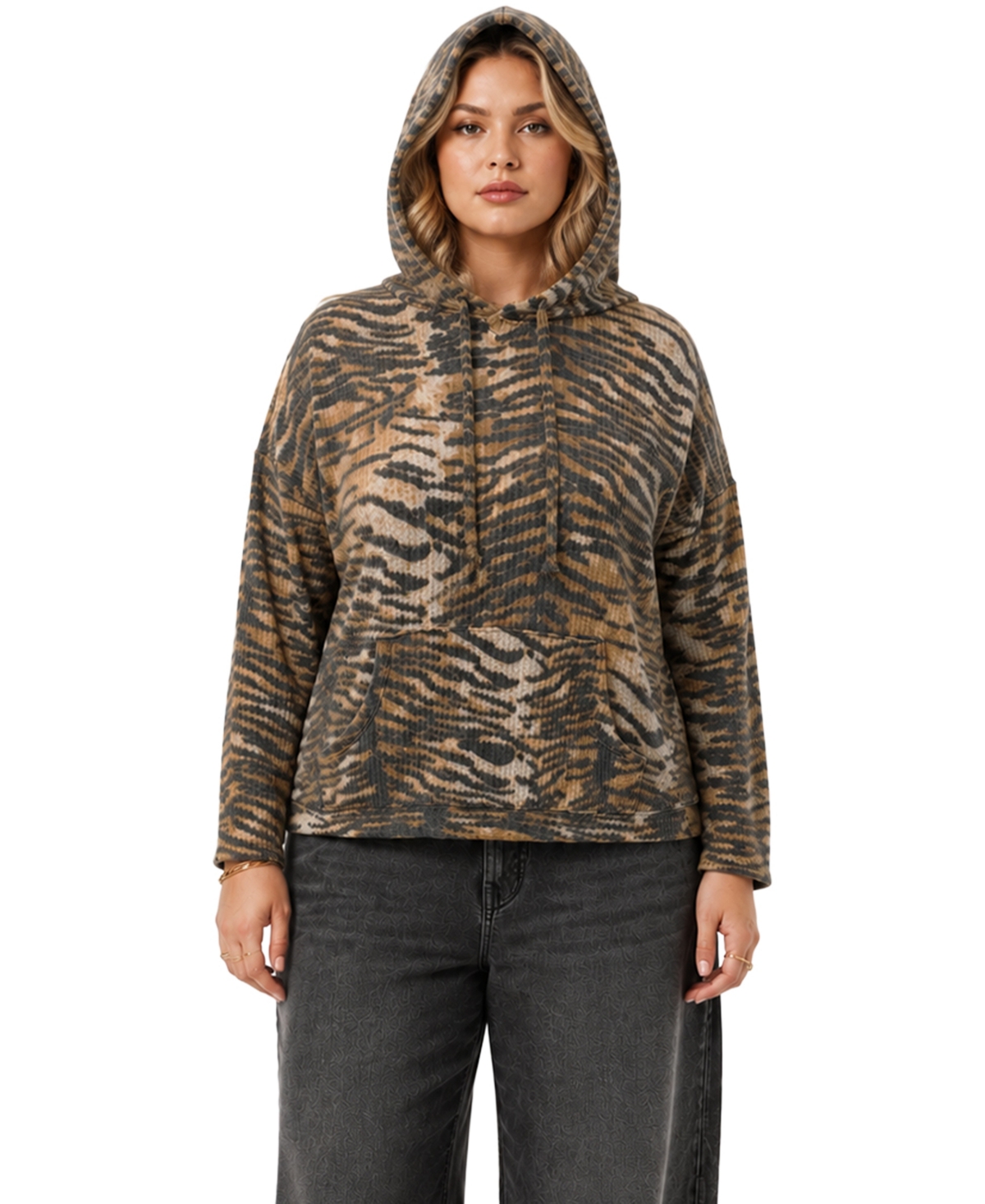 Coin 1804 Plus Size Waffle-Knit Animal-Print Kangaroo-Pocket Long-Sleeve Hoodie - Taupe Brown