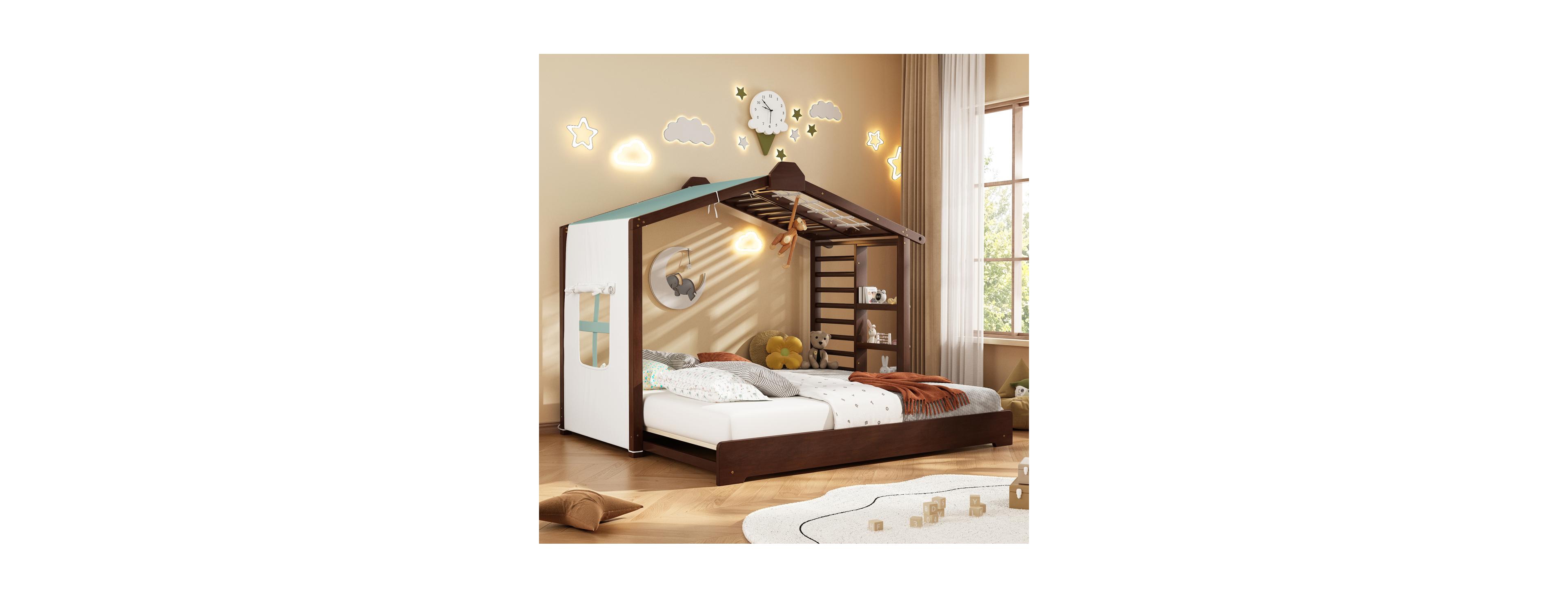 Streamdale Furniture Twin Size House Bed with Twin Size Trundle and Side Shelves