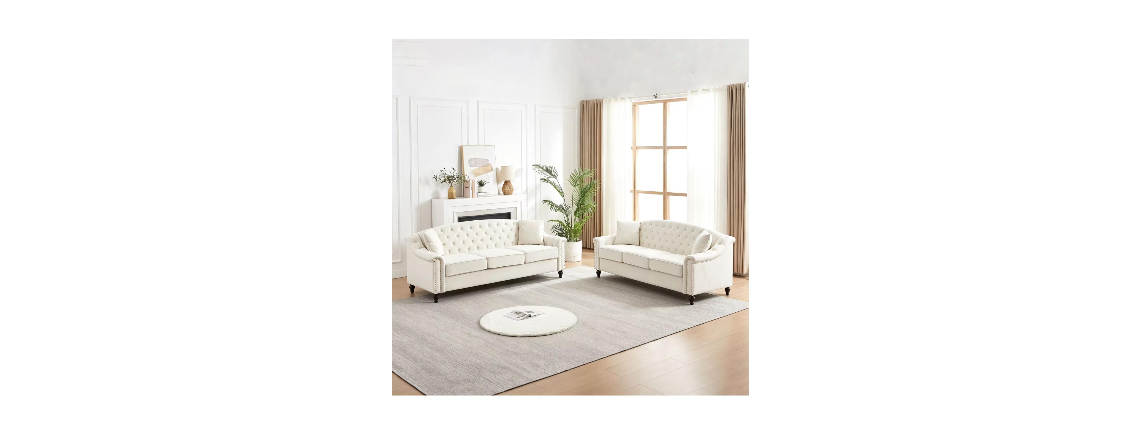 Streamdale Furniture Velvet Chesterfield 3+3 Sectional Sofa with Button-Tufted Back and Nailhead Trim