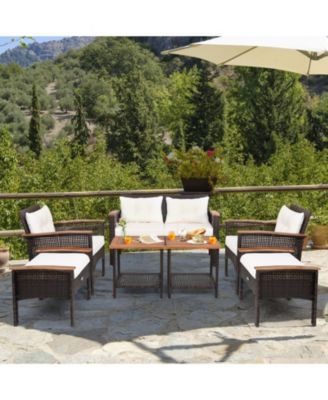 7 Piece Outdoor Rattan Conversation Set with Acacia Wood Tables and 2 Storage Ottomans