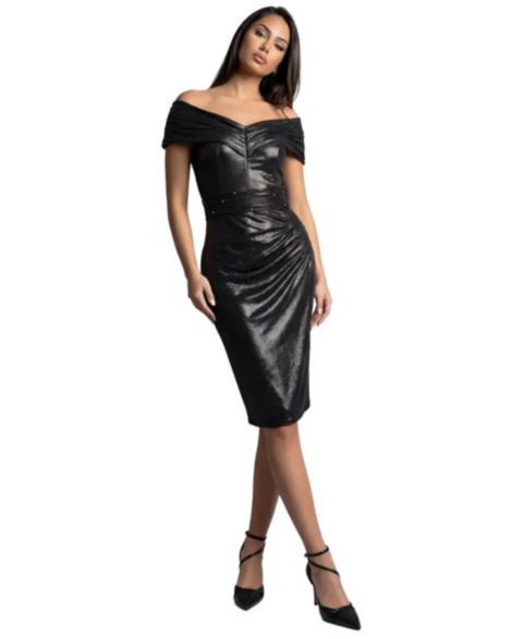 Женское платье Luna Fashion House Iris Off-Shoulder Metallic Cocktail, цвет: Антрацитовый серый