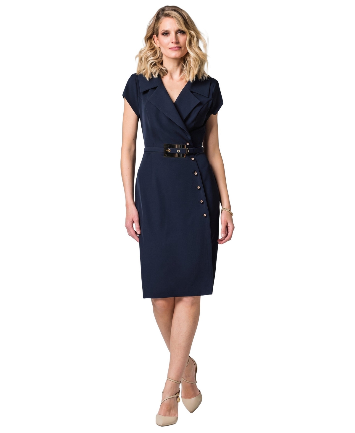 Luna Fashion House Women's Olga V-Neck Belted Wrap Dress - Navy (midnight blue)