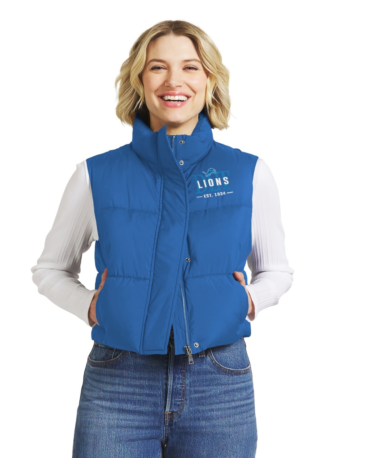 Wear by Erin Andrews Women's Blue Detroit Lions Cropped Puffer Full-Zip Vest - Blue