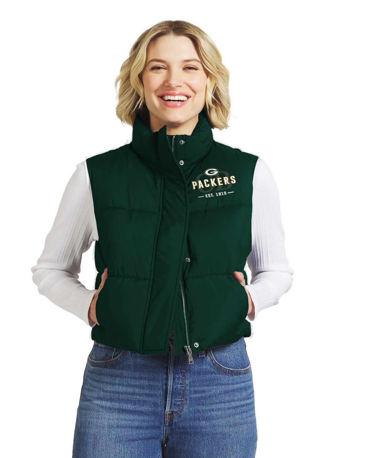 Wear by Erin Andrews Women's Green Bay Packers Cropped Puffer Full-Zip Vest - Green