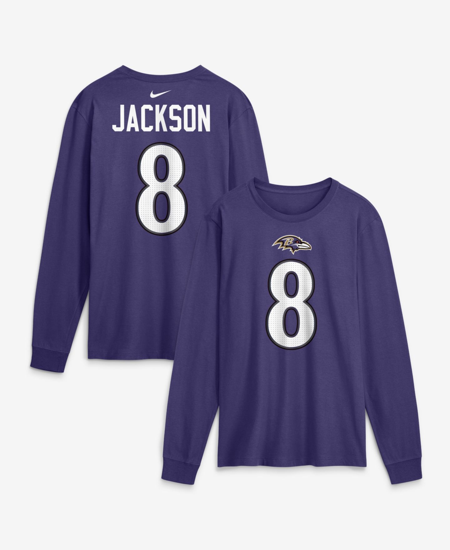 Мужская футболка Nike Lamar Jackson Purple Baltimore Ravens Name & Number Long-Sleeve — фото 1