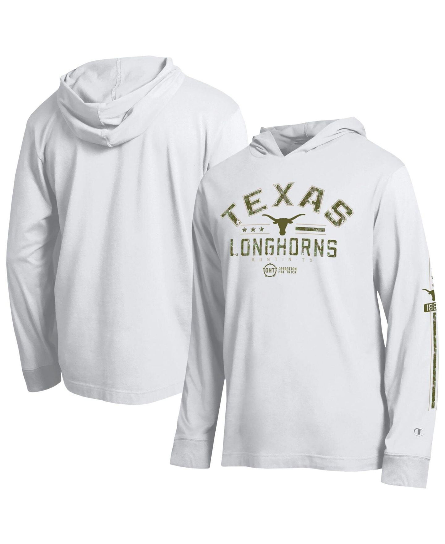 Мужская футболка Champion White Texas Longhorns Operation Hat Trick Sleeve Line Hooded Long-Sleeve — фото 1