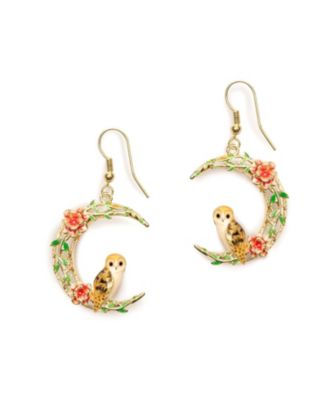 Gold-Tone Crystal Hand-Painted Enamel Owl Crescent Moon Drop Earrings
