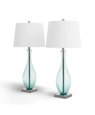 Set of 2 Blue Glass Table Lamps with USB Charging Ports