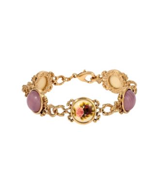 Gold-Tone Ivory Decal Flower Purple Cabochon Bracelet
