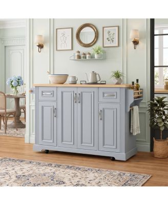 54.1" Rolling Kitchen Island with Drop Leaf, 4 Doors and 2 Drawers