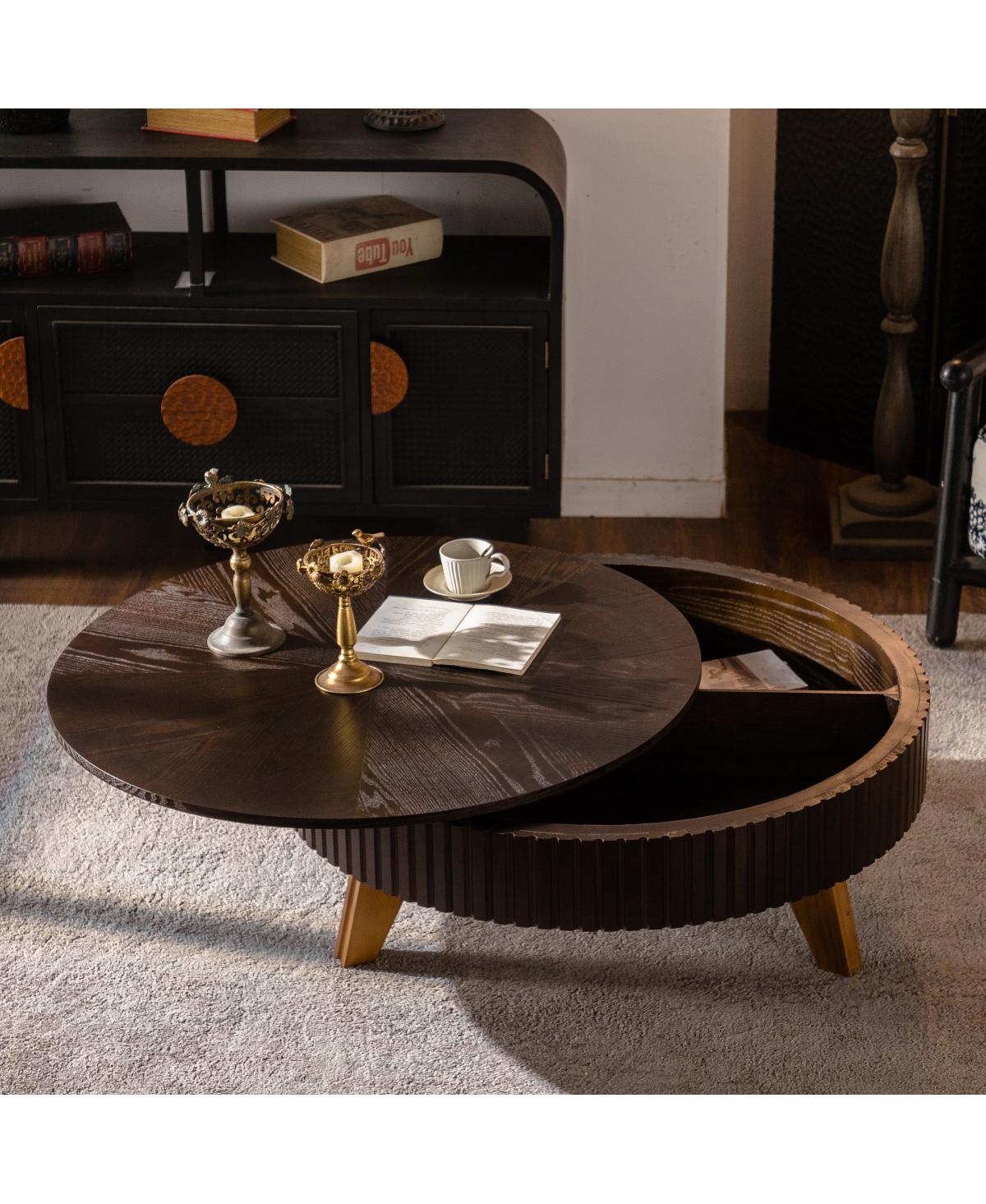 Streamdale Furniture Retro 39 x 39 x 15 in Mdf & Solid Wood Storage Round Coffee Table - Brown