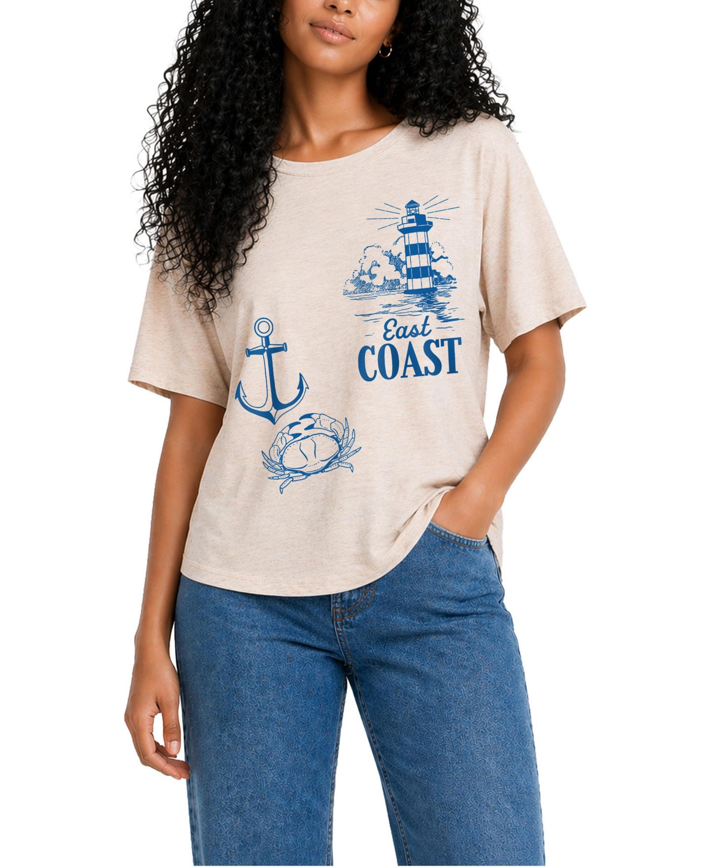 Женская футболка Instant Message Juniors' East Coast Graphic Print Relaxed Fit Short Sleeve, цвет: Бежевый — фото 1
