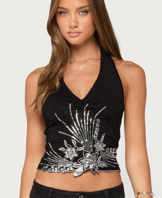 Women's Aelixa Floral-Print Sequin Open-Back Halter Top