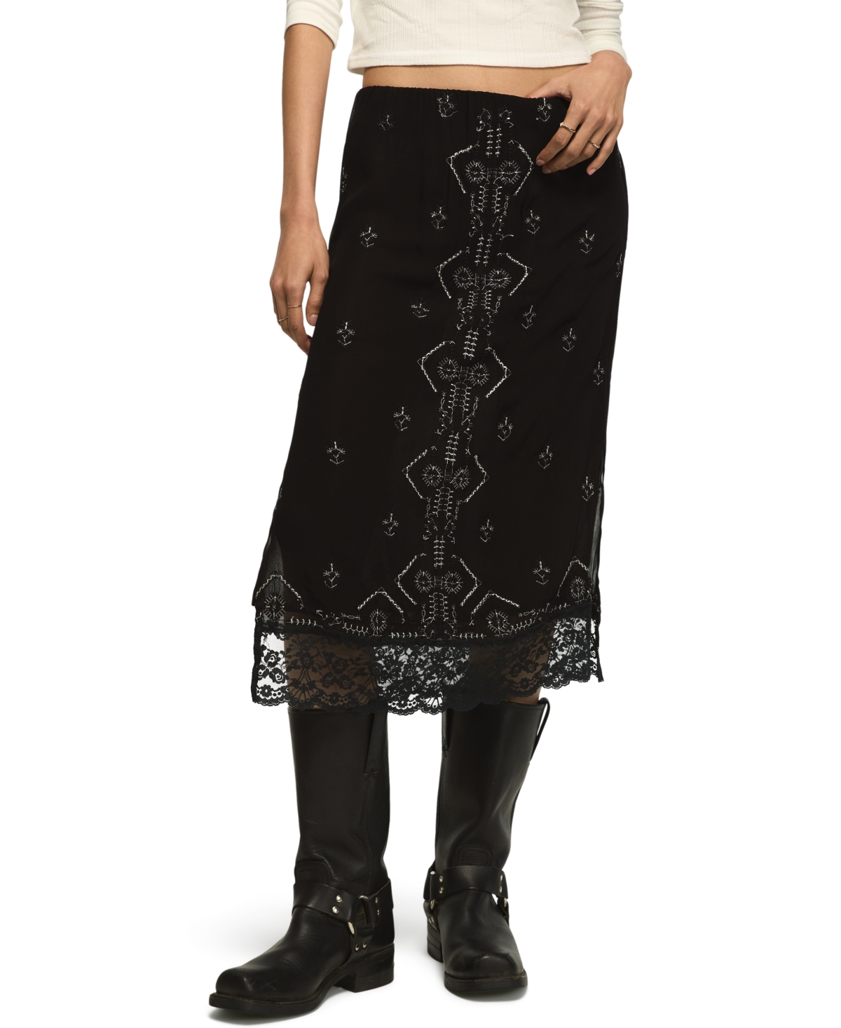 Lucky Brand Women's Lace Embellished Slip Midi Skirt - Black