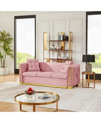 82.3" Modern Velvet 3-Seater Sofa with Gold Accents and 2 Pillows