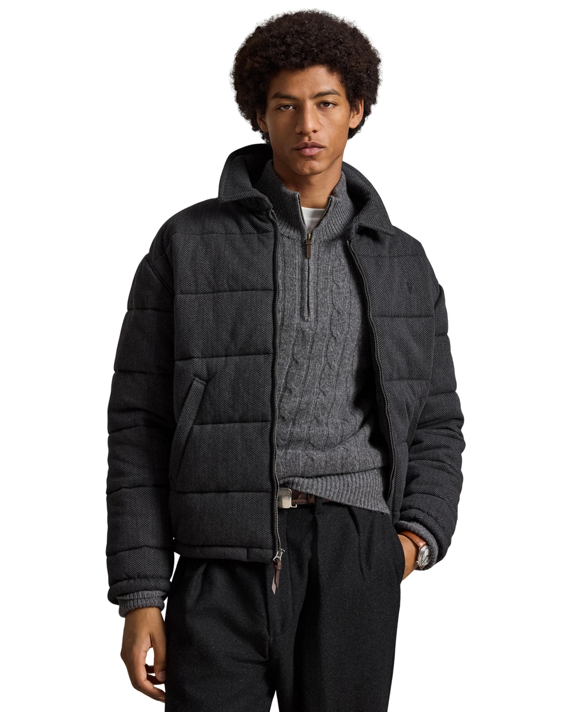 Polo Ralph Lauren Men's Herringbone-Print Quilted Double-Knit Jacket - Windsor heather herringbone