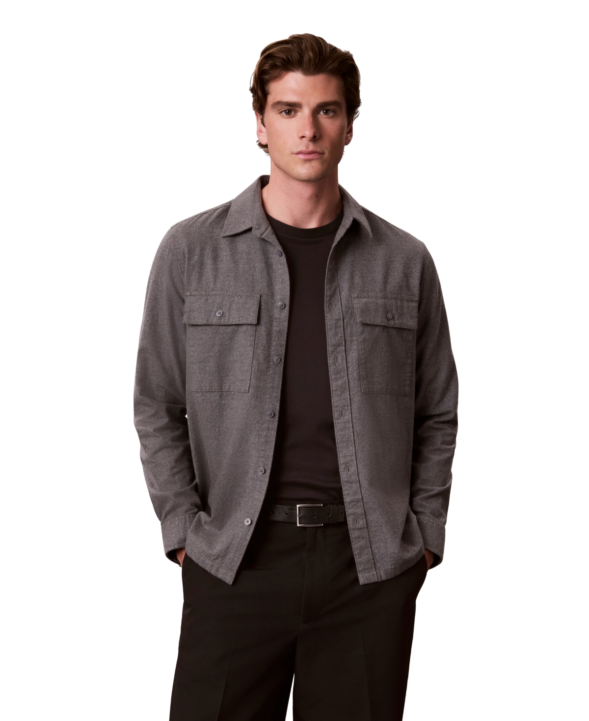 Calvin Klein Men's Melange Flannel Classic-Fit Button-Down Shirt - Charcoal Heather