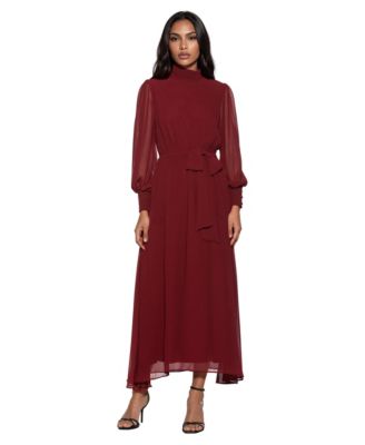 Women's Thiago A-Line Maxi Sheer Blouson Sleeves Mock Neck Dress