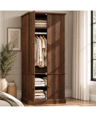 72 Inch Wooden Armoire Wardrobe Closet With Fluted Panel, 4 Doors, Farmhouse Style, Hanging Rod and Adjustable Shelves With Soft-Close Hinges