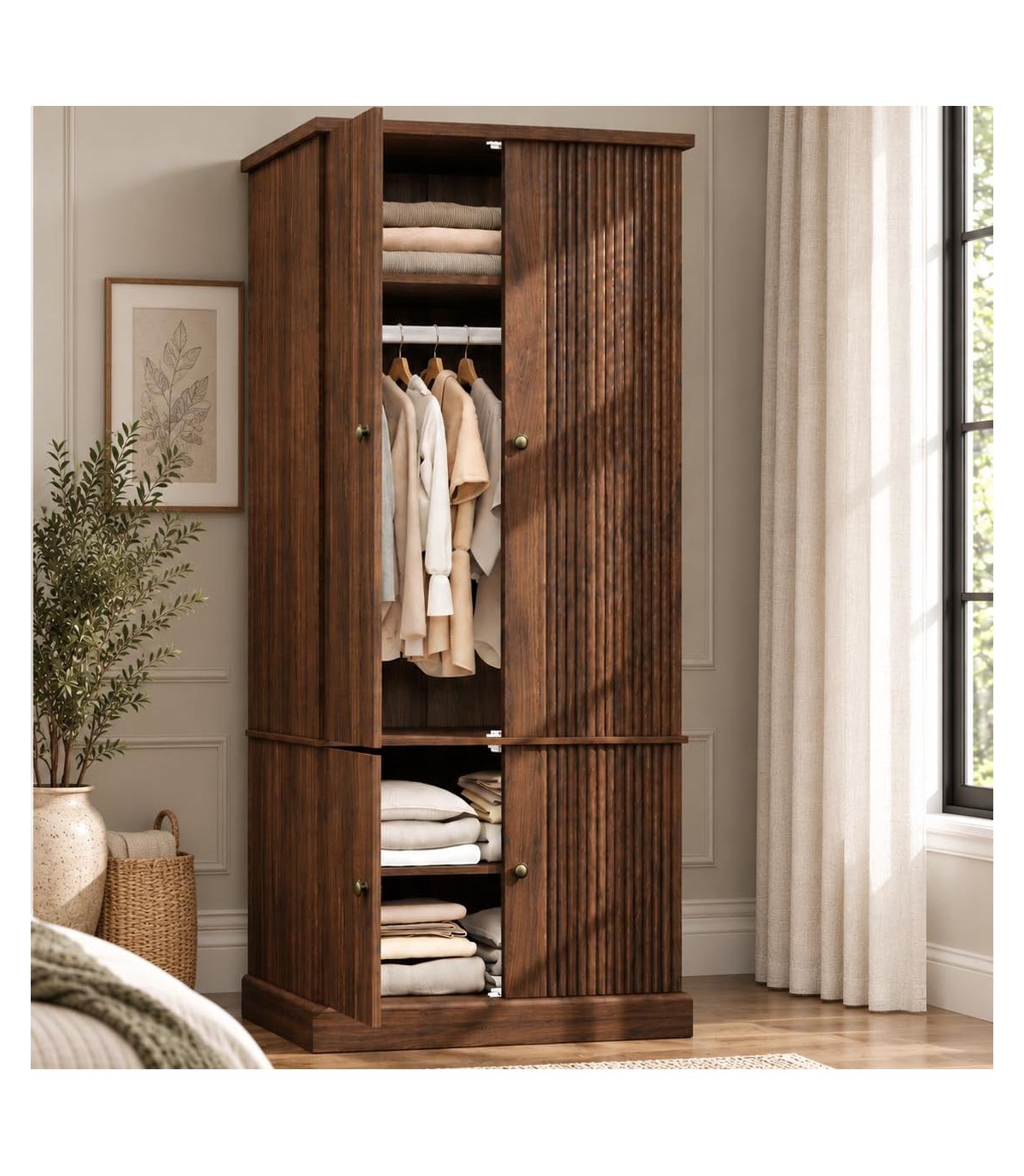 gaomon 72 Inch Wooden Armoire Wardrobe Closet With Fluted Panel, 4 Doors, Farmhouse Style, Hanging Rod and Adjustable Shelves With Soft-Close Hinges -