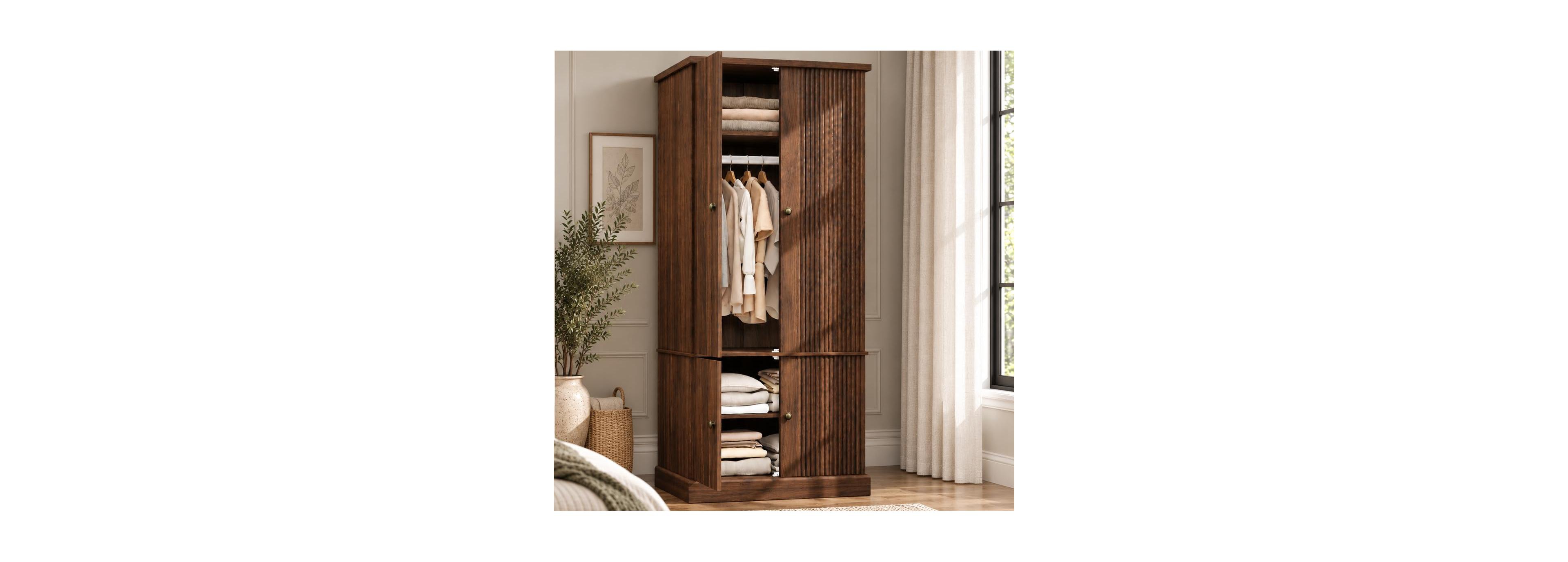 gaomon 72 Inch Wooden Armoire Wardrobe Closet With Fluted Panel, 4 Doors, Farmhouse Style, Hanging Rod and Adjustable Shelves Soft-Close Hinges